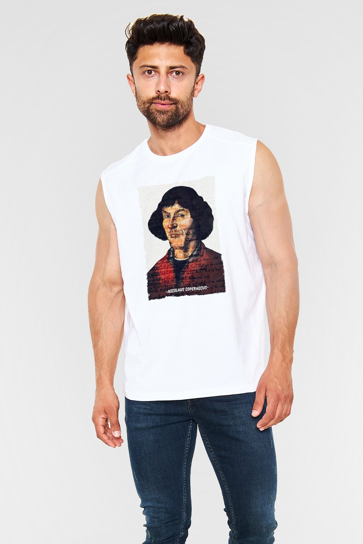 Nicolaus Copernicus Baskılı Unisex Kolsuz Beyaz Tişört - Tshirt