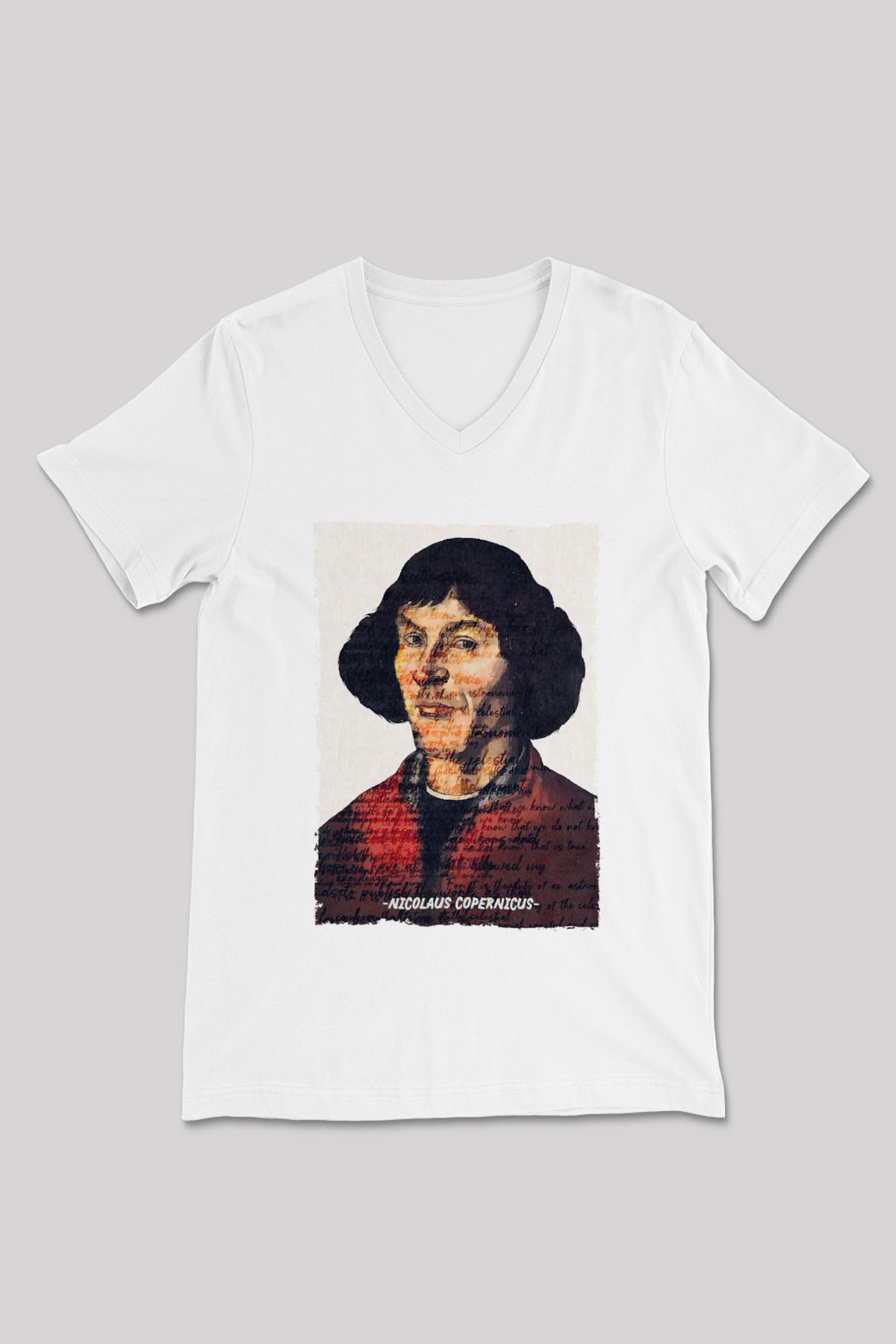 Nicolaus Copernicus Baskılı Unisex V Yaka Beyaz Tişört - Tshirt