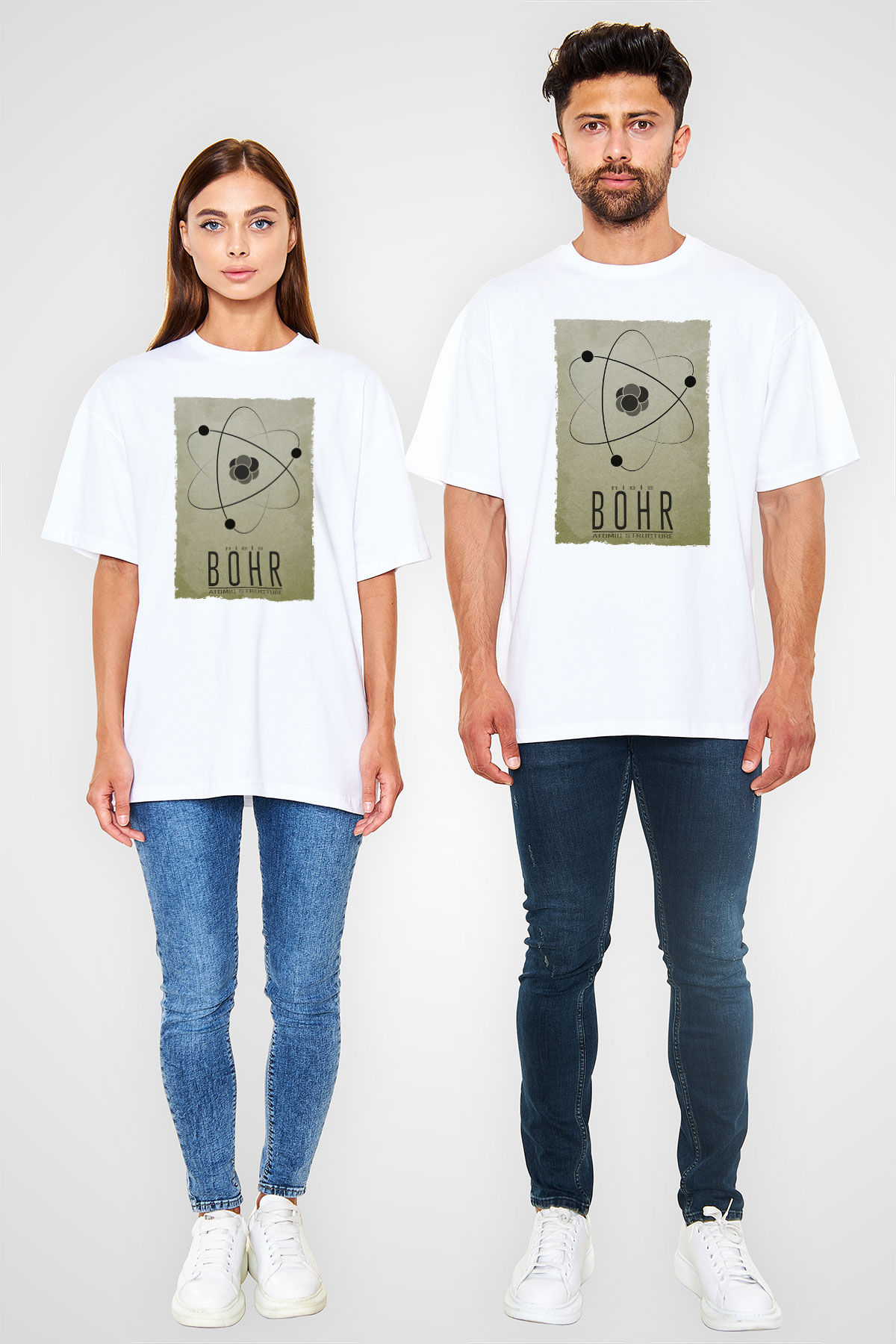 Niehls Bohr Atom Baskılı Unisex Oversize Beyaz Tişört - Tshirt