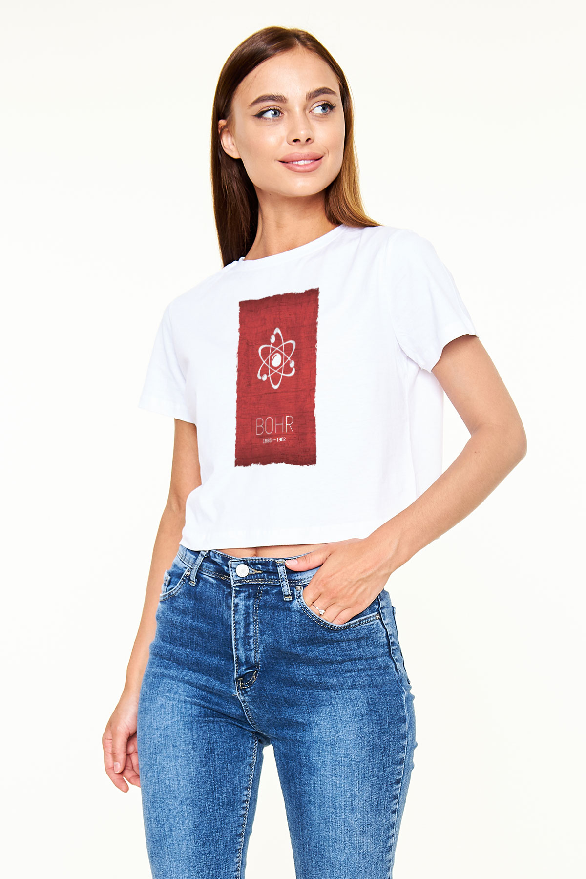 Niels Bohr Atom Modeli Baskılı Kadın Crop Top Beyaz Tişört