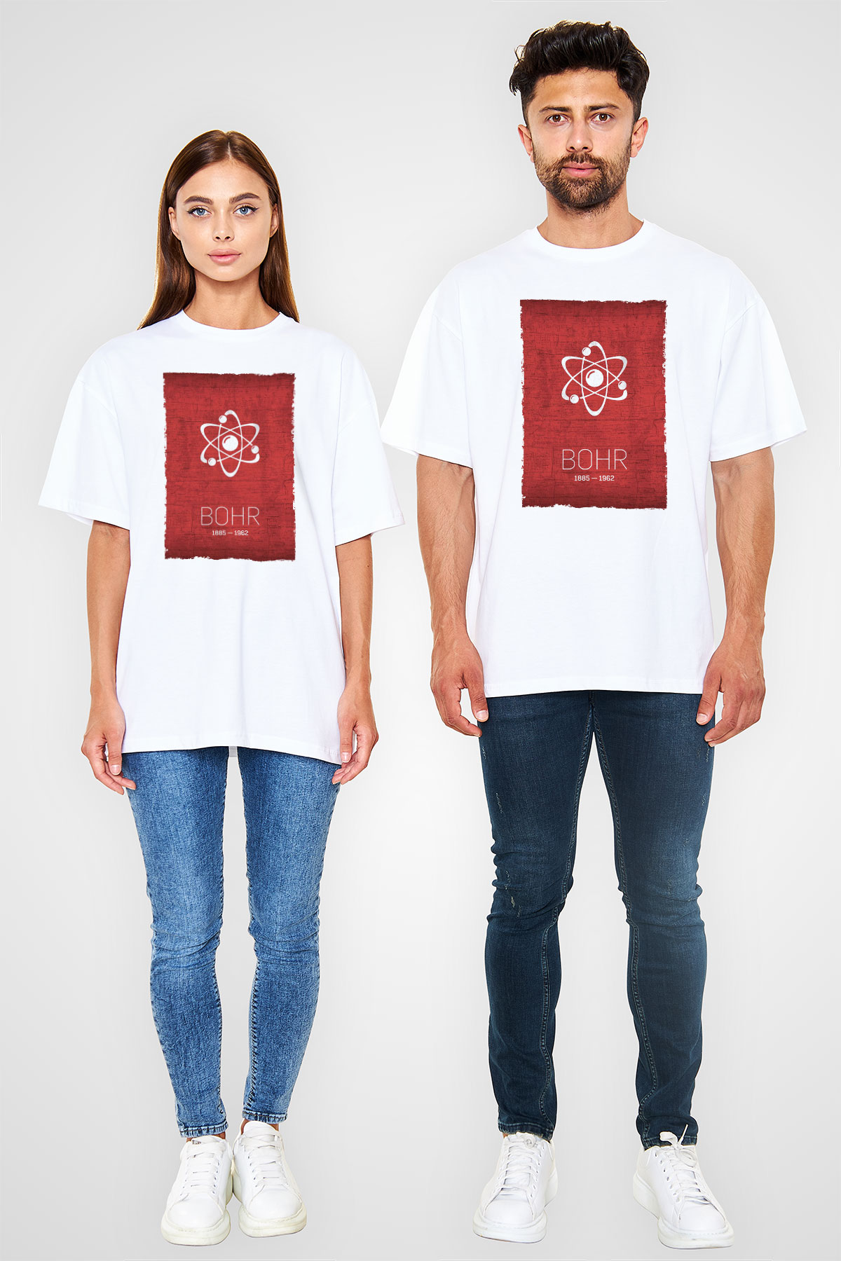 Niels Bohr Atom Modeli Baskılı Unisex Oversize Beyaz Tişört - Tshirt
