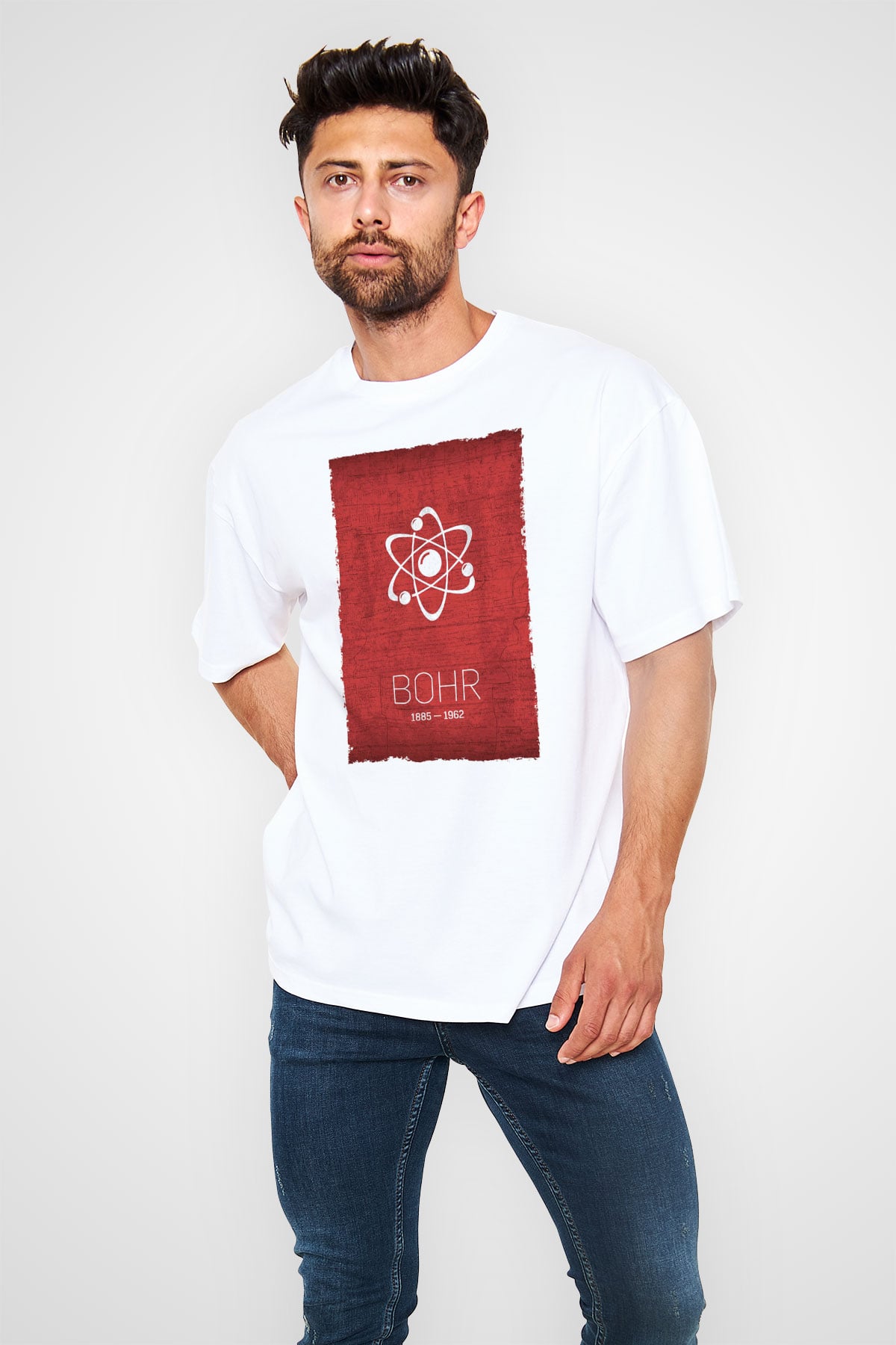 Niels Bohr Atom Modeli Baskılı Unisex Oversize Beyaz Tişört - Tshirt