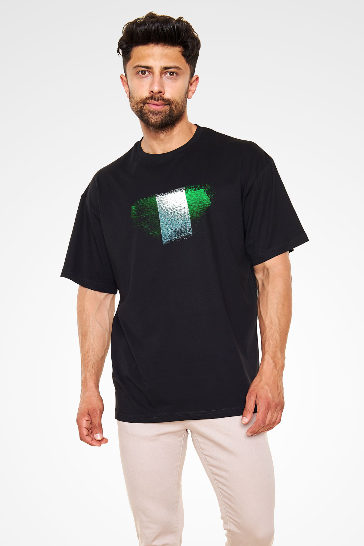 Nijerya - Nigeria Bayrağı Baskılı Unisex Siyah Oversize Tişört