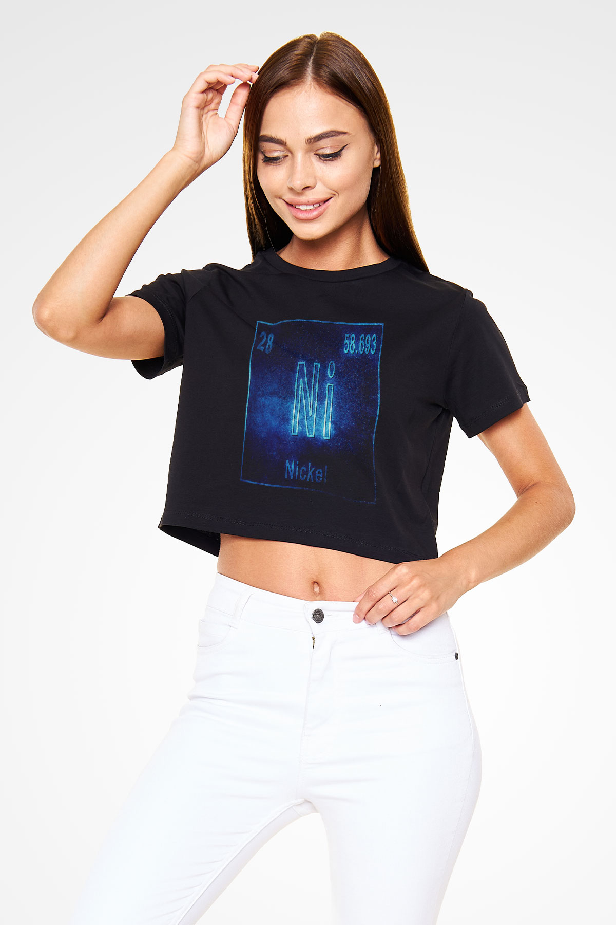 Nikel Elementi Atom Numarası Baskılı Siyah Kadın Crop Top Tişört