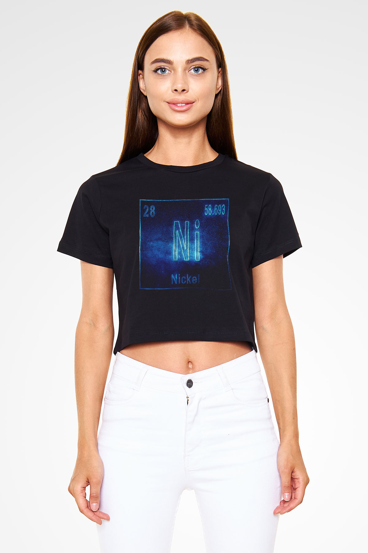 Nikel Elementi Atom Numarası Baskılı Siyah Kadın Crop Top Tişört