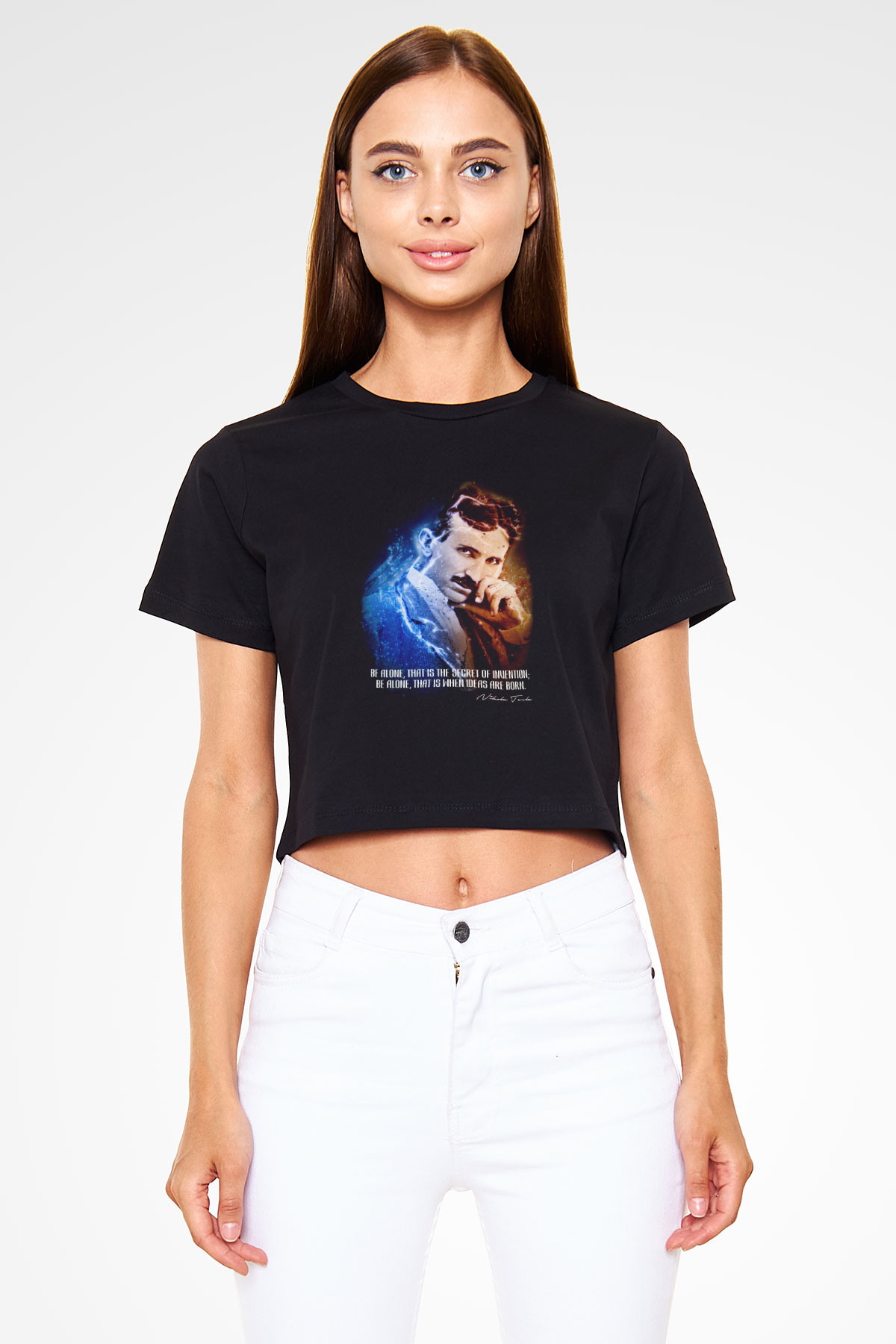 Nikola Tesla Alıntı Baskılı Crop Top Kadın Tİşört - Tshirt