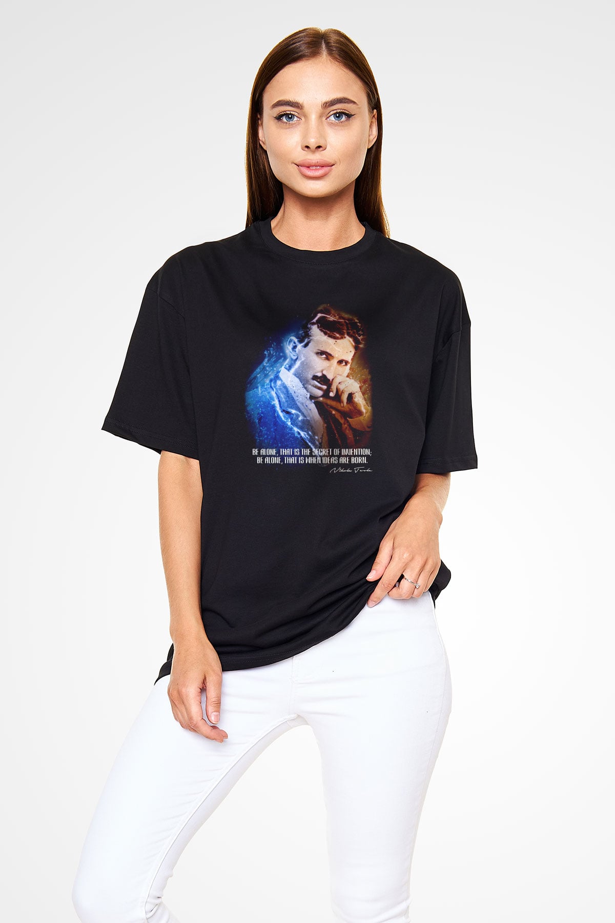 Nikola Tesla Alıntı Baskılı Unisex Oversize Tişört - Tshirt