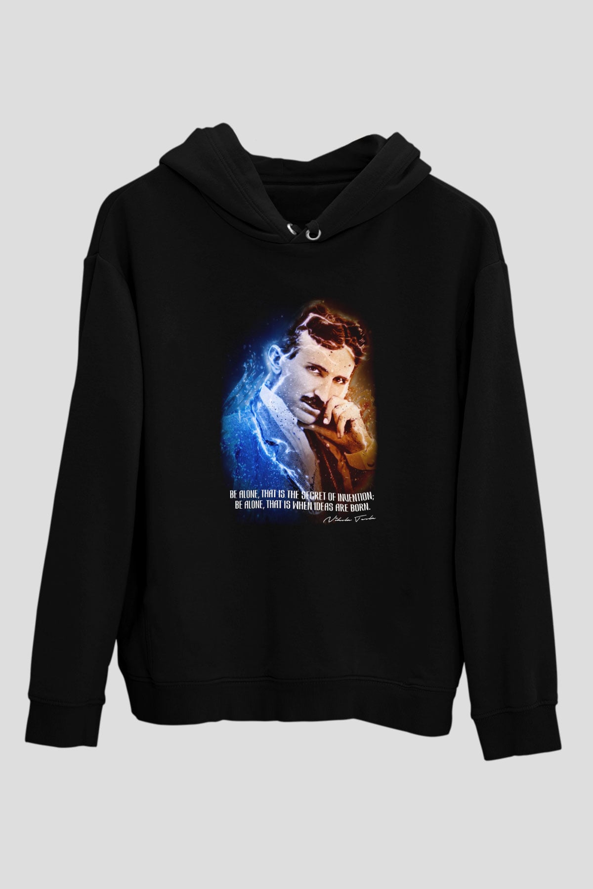 Nikola Tesla Alıntı Baskılı Unisex Siyah Kapüşonlu Sweatshirt