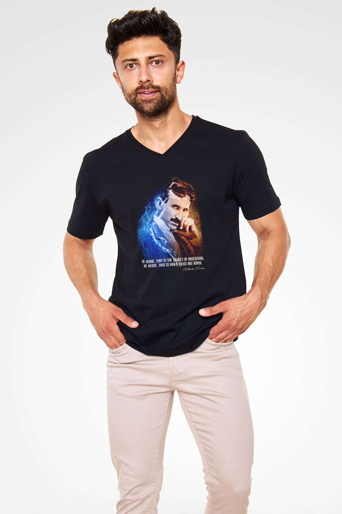 Nikola Tesla Alıntı Baskılı Unisex V Yaka Siyah Tİşört - Tshirt