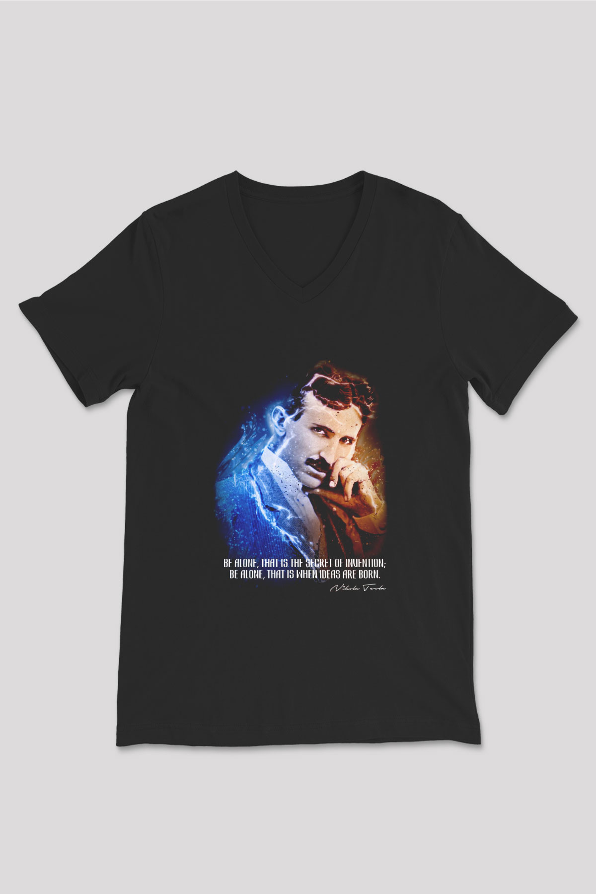 Nikola Tesla Alıntı Baskılı Unisex V Yaka Siyah Tİşört - Tshirt