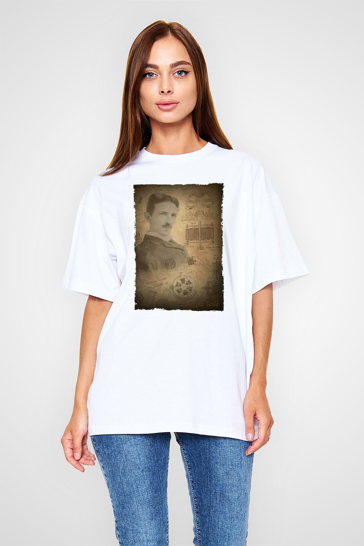 Nikola Tesla Baskılı Unisex Oversize Beyaz Tişört - Tshirt