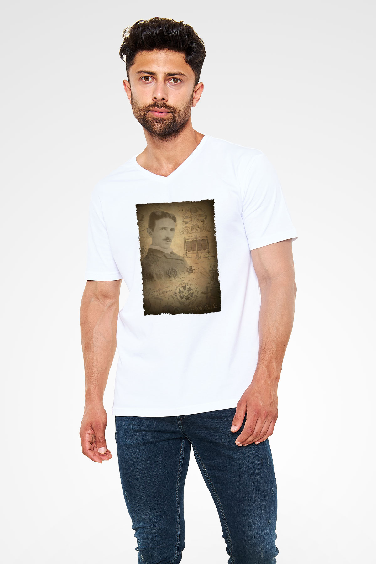 Nikola Tesla Baskılı Unisex V Yaka Beyaz Tişört - Tshirt