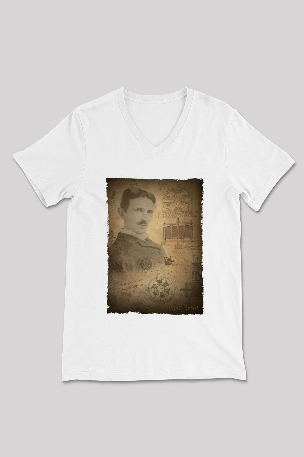 Nikola Tesla Baskılı Unisex V Yaka Beyaz Tişört - Tshirt
