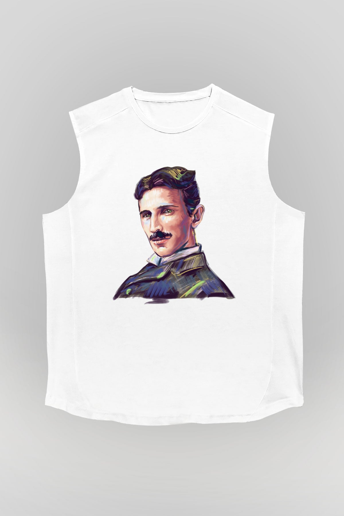 Nikola Tesla Çizim Portre Baskılı Unisex Beyaz Kolsuz Tişört