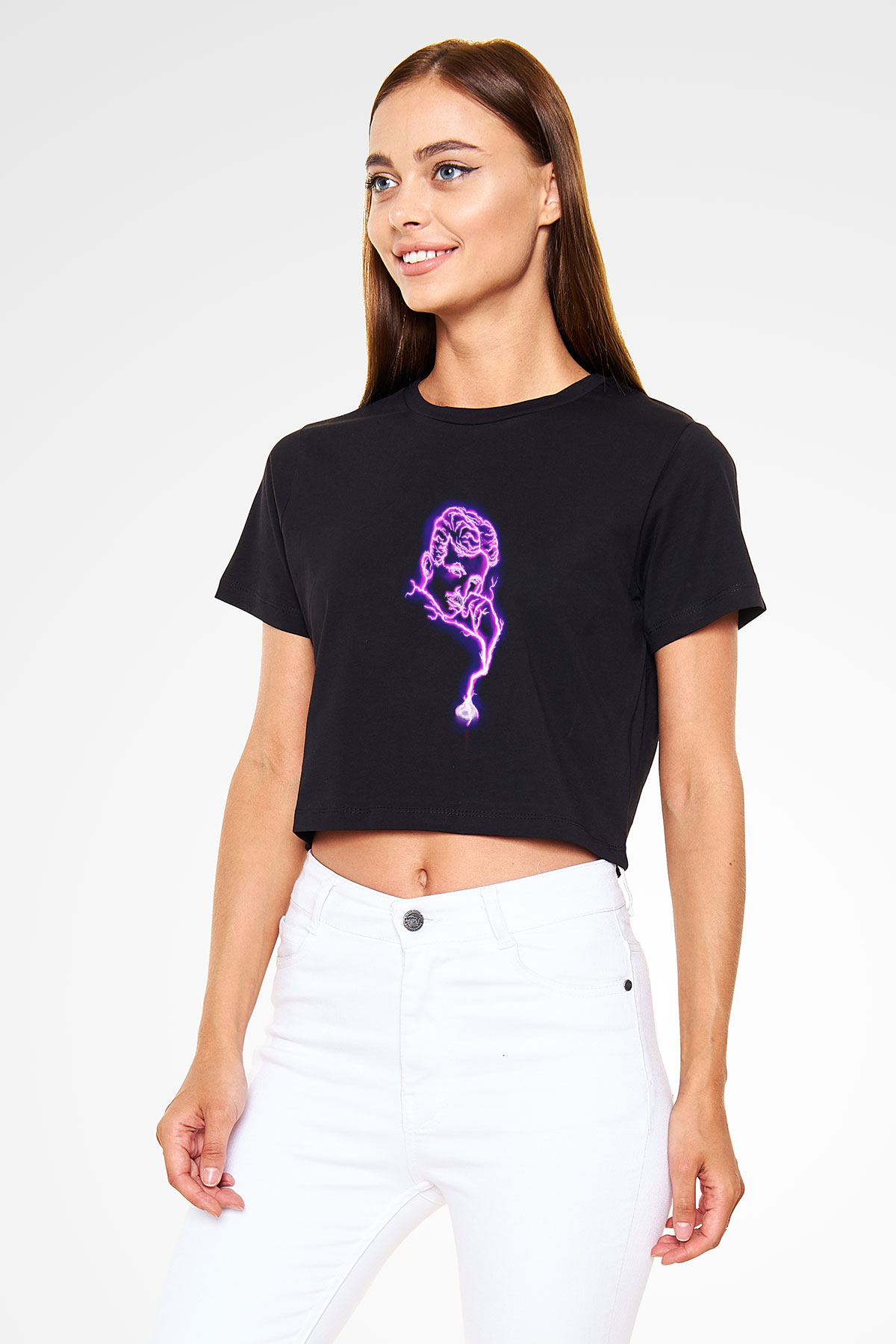 Nikola Tesla Elektrik Baskılı Siyah Kadın Crop Top Tişört