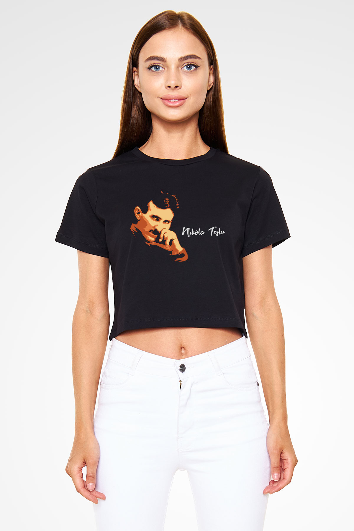 Nikola Tesla Portre Baskılı Siyah Kadın Crop Top Tişört