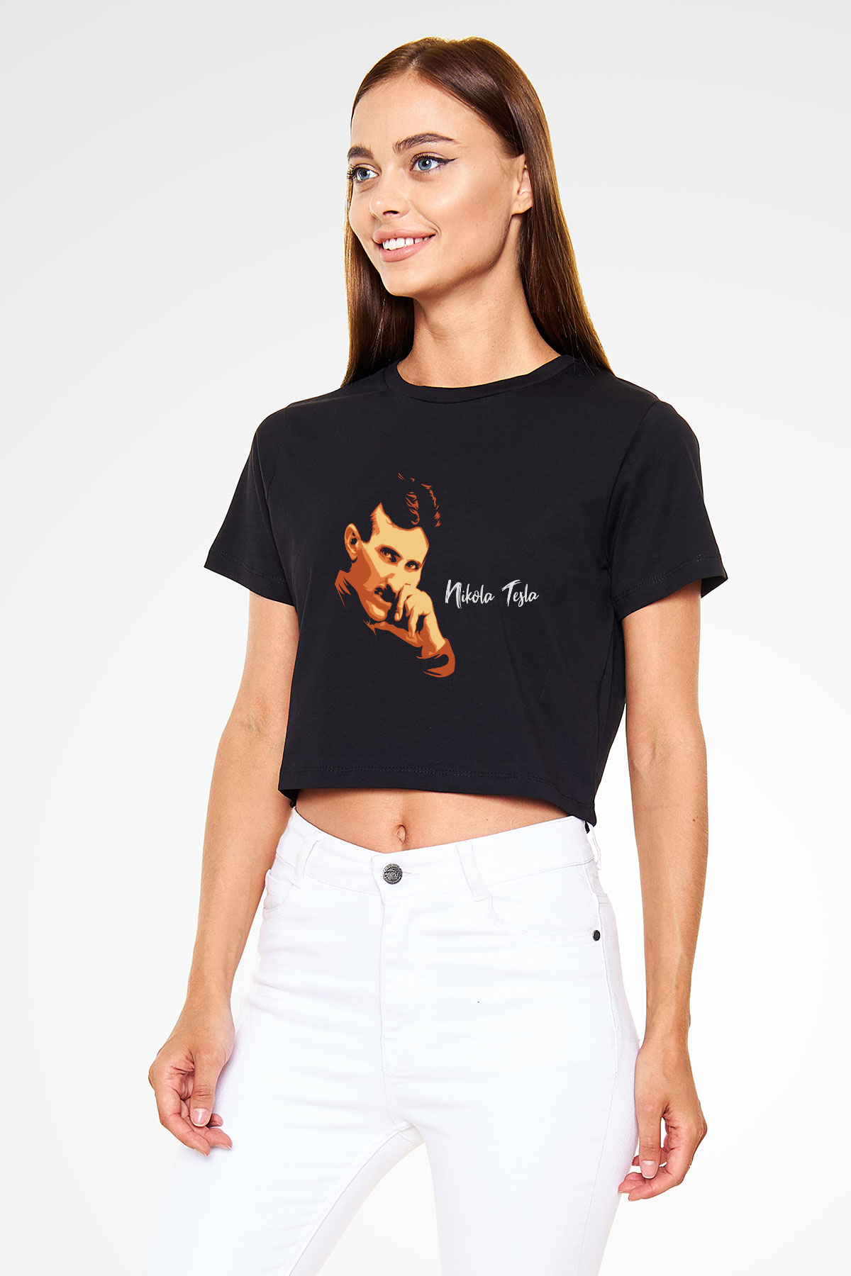 Nikola Tesla Portre Baskılı Siyah Kadın Crop Top Tişört