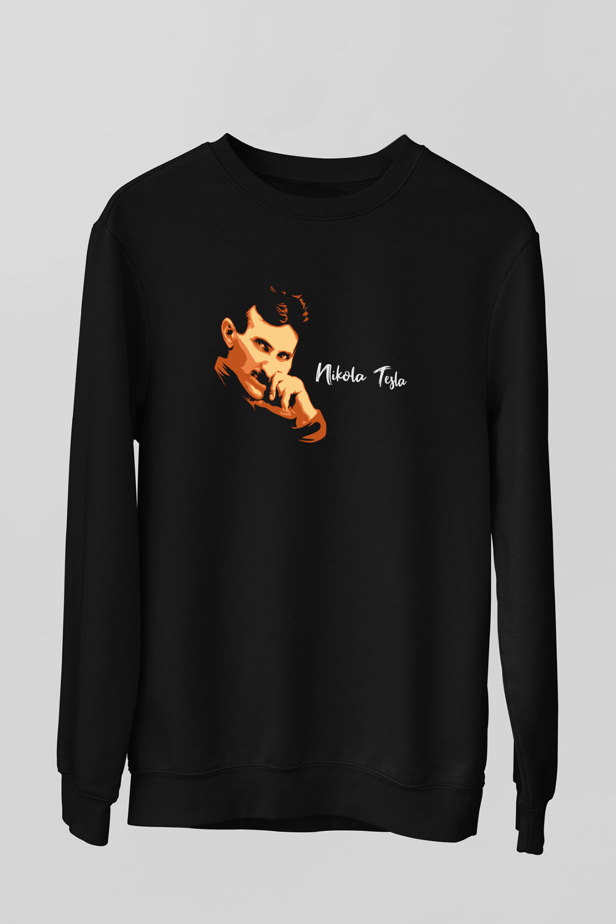 Nikola Tesla Portre Baskılı Unisex Siyah Sweatshirt