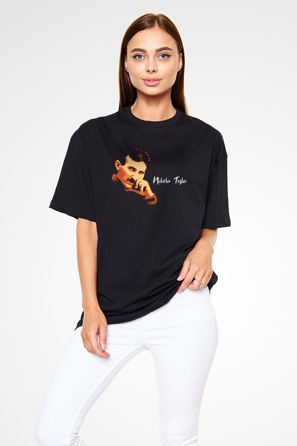 Nikola Tesla Portre Baskılı Unisex Siyah Oversize Tişört