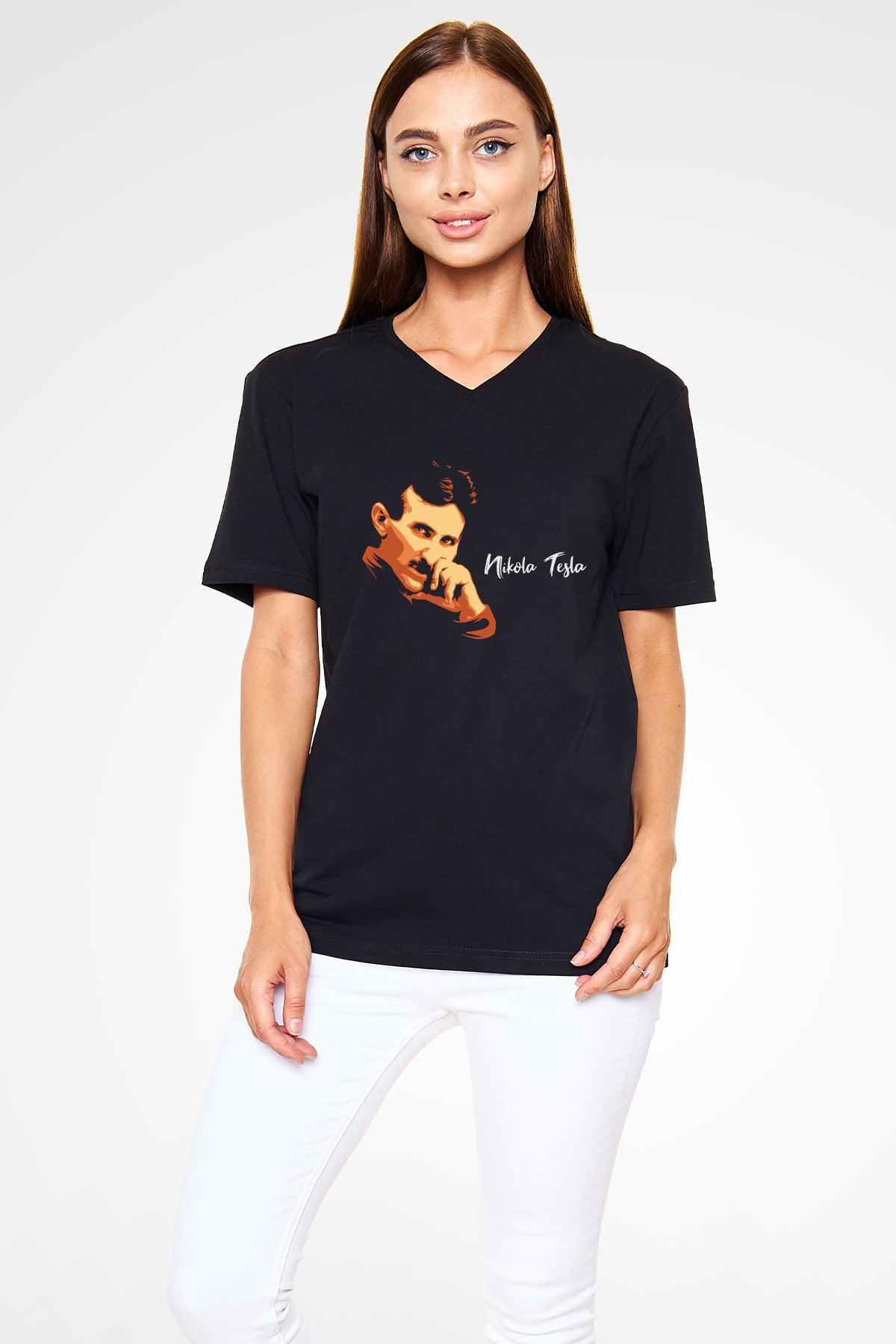 Nikola Tesla Portre Baskılı Unisex Siyah V Yaka Tişört