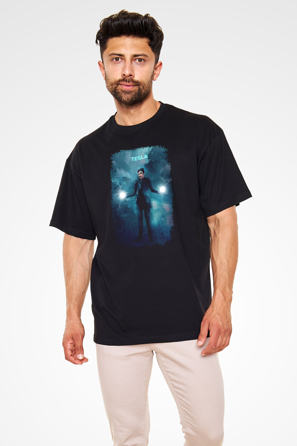 Nikola Tesla Renkli Çizim Baskılı Unisex Oversize Tişört - Tshirt