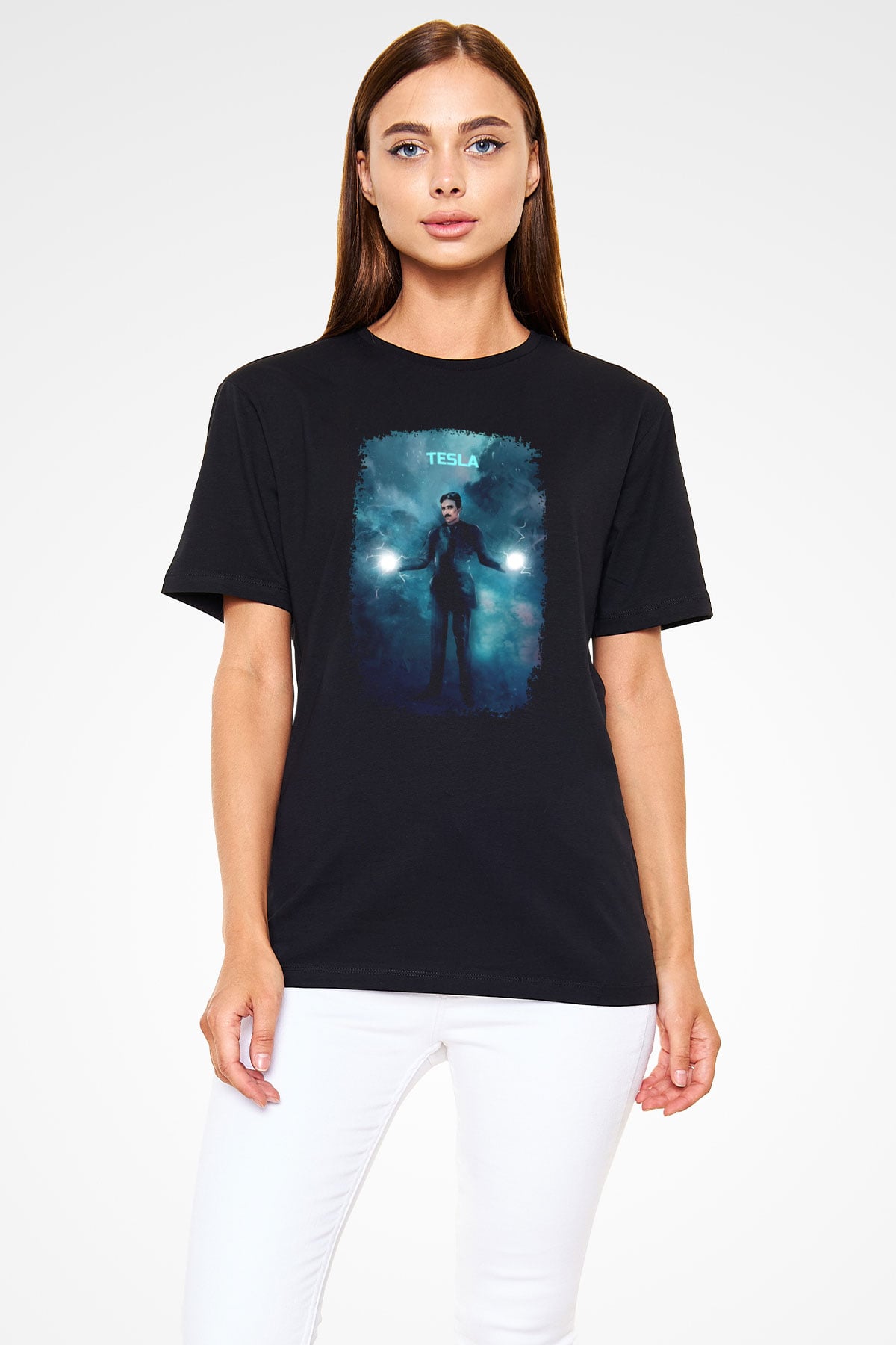 Nikola Tesla Renkli Çizim Baskılı Unisex Siyah Tişört - Tshirt