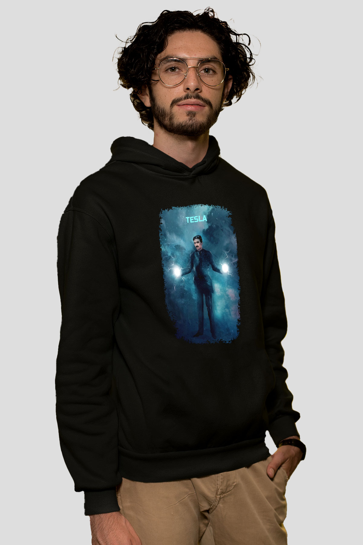 Nikola Tesla Renkli Çizim Baskılı Unisex Siyah Kapüşonlu Sweatshirt