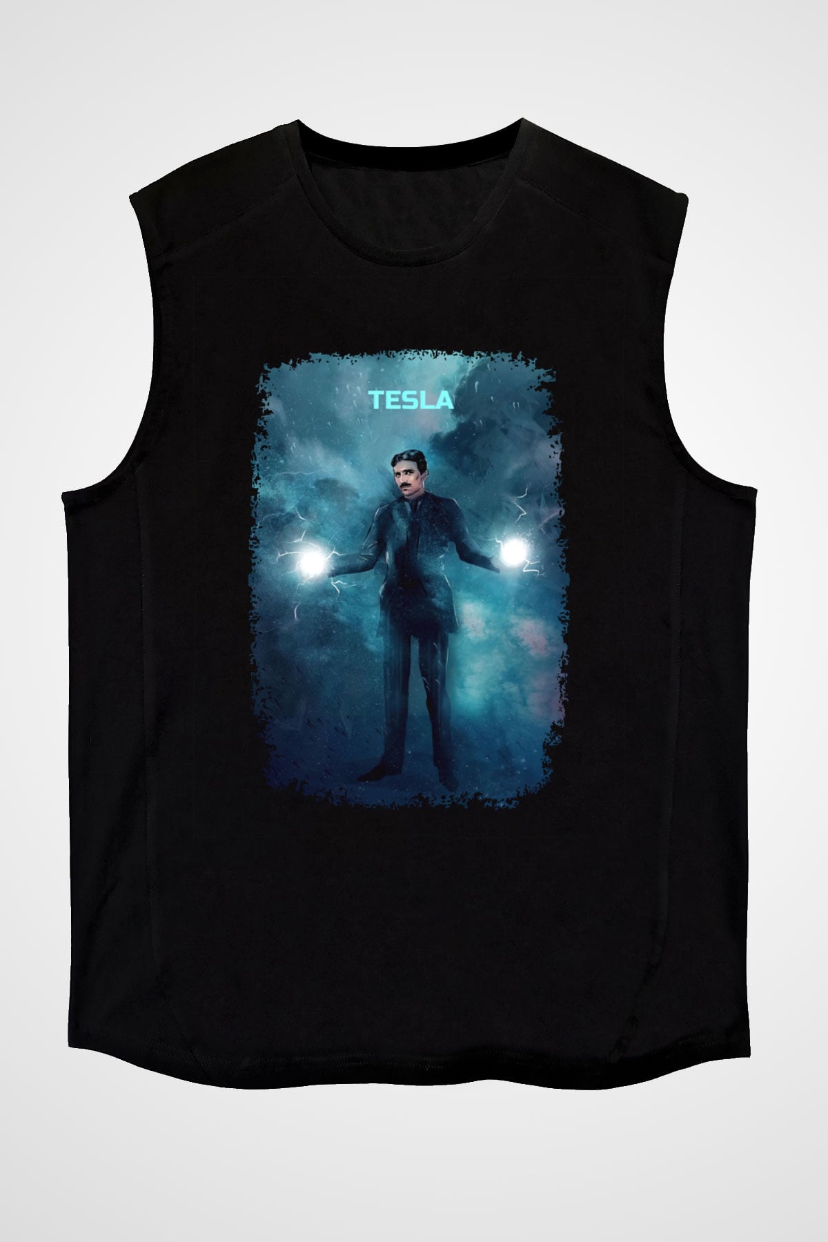 Nikola Tesla Renkli Çizim Baskılı Unisex Kolsuz Siyah Tişört - Tshirt