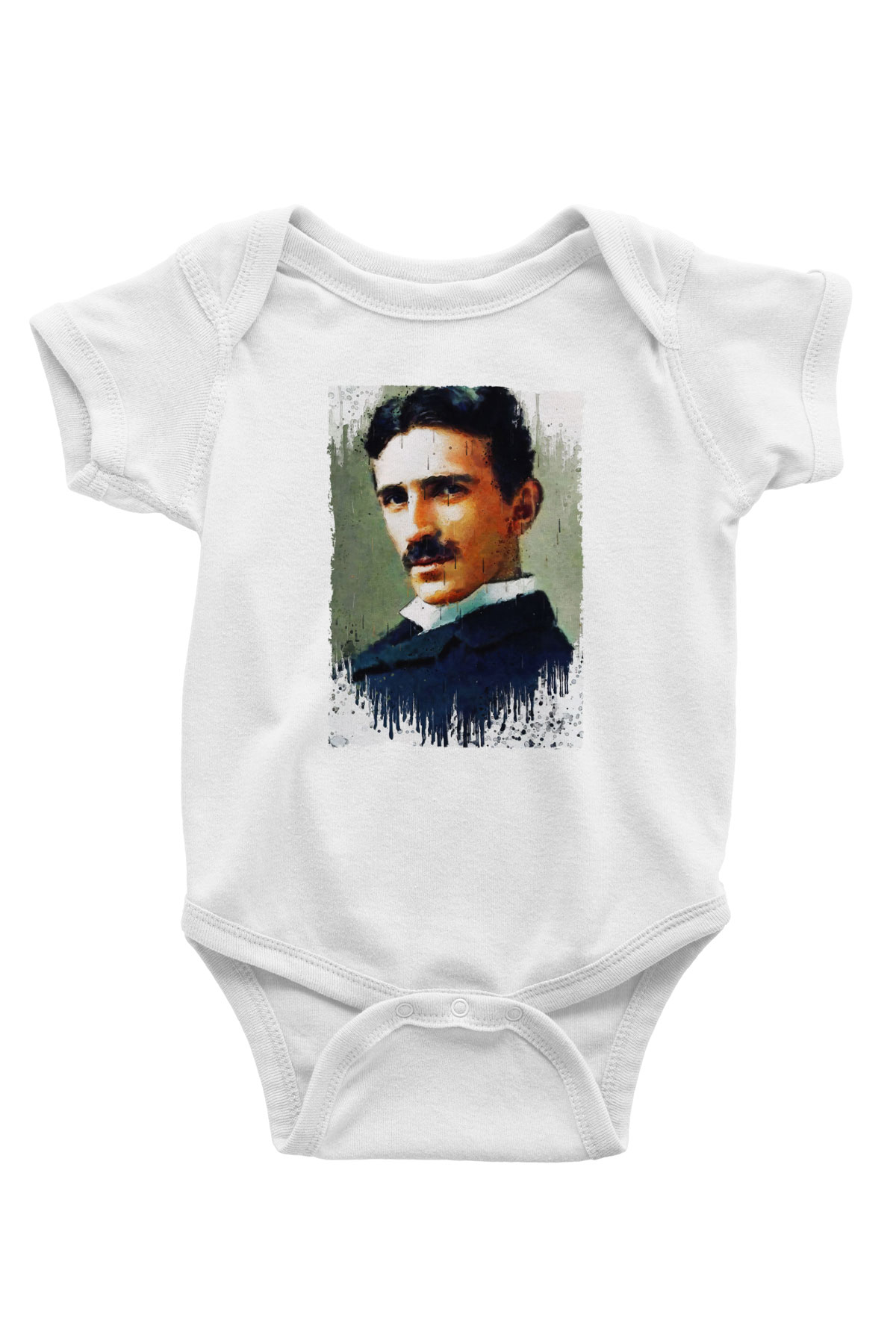 Nikola Tesla Renkli Portre Baskılı Beyaz Bebek Body - Zıbın