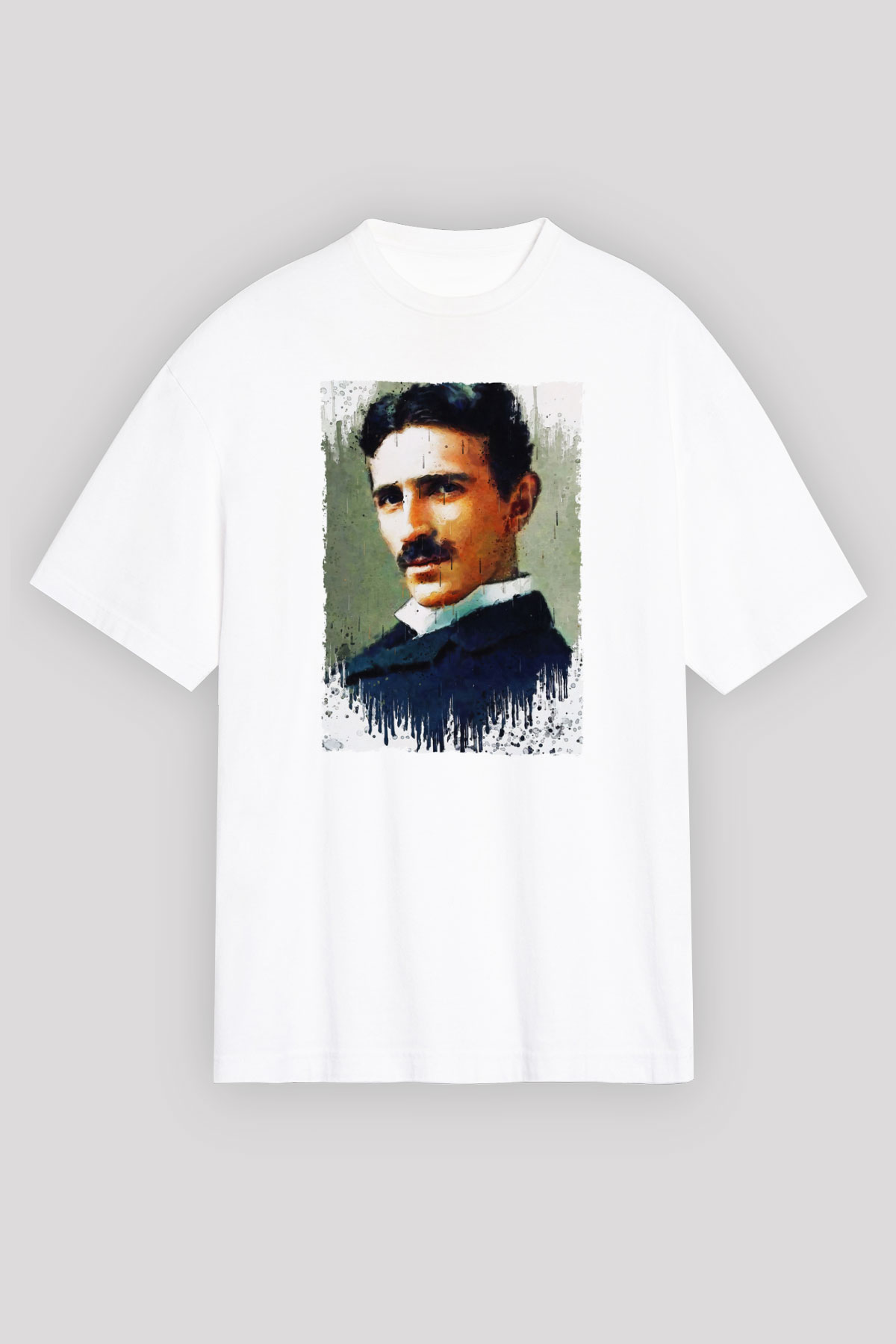 Nikola Tesla Renkli Portre Baskılı Unisex Oversize Beyaz Tişört - Tshirt
