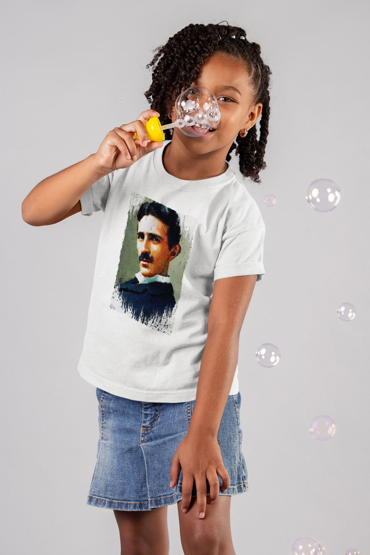 Nikola Tesla Renkli Portre Baskılı Unisex Beyaz Çocuk Tişörtü - Tshirt