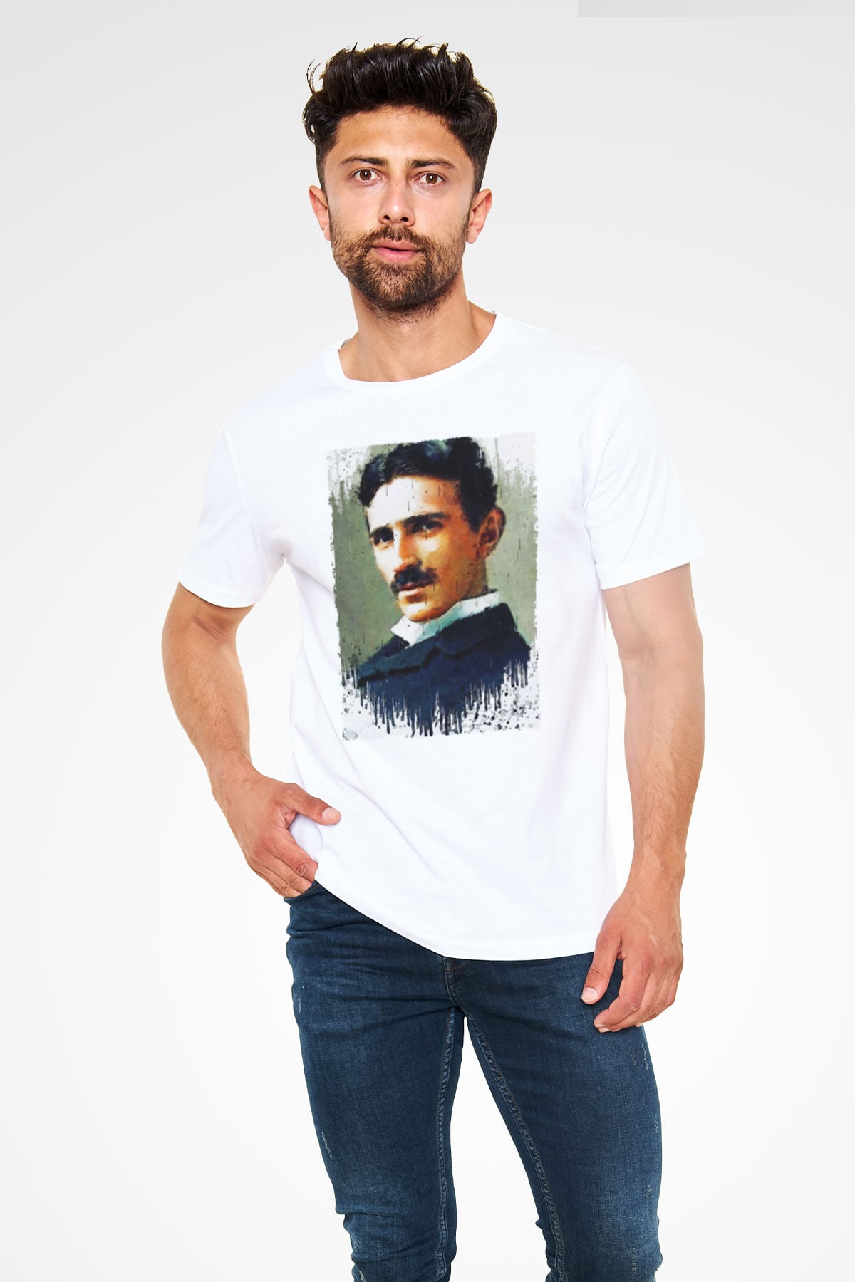 Nikola Tesla Renkli Portre Baskılı Unisex Beyaz Tişört - Tshirt