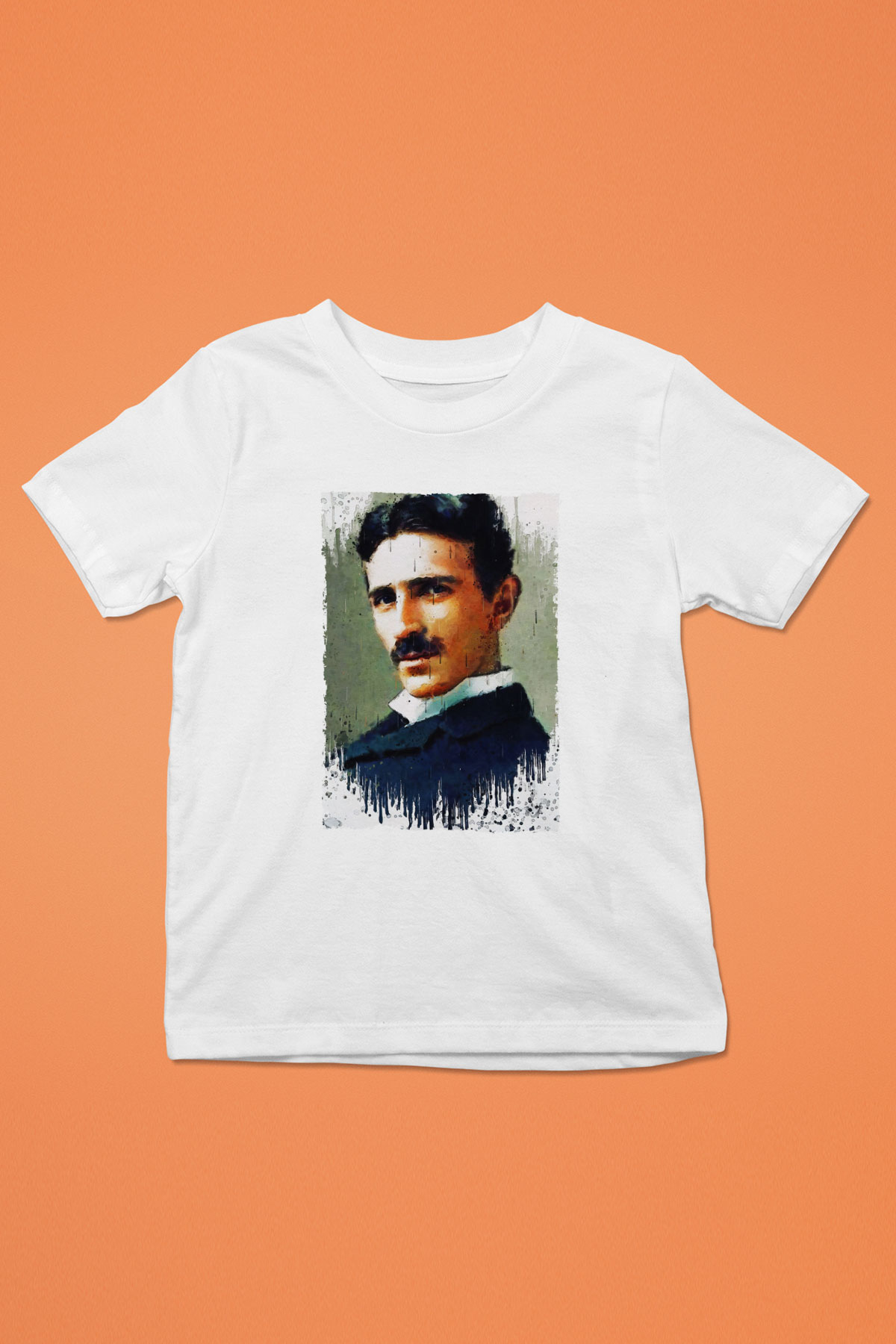 Nikola Tesla Renkli Portre Baskılı Unisex Beyaz Çocuk Tişörtü - Tshirt