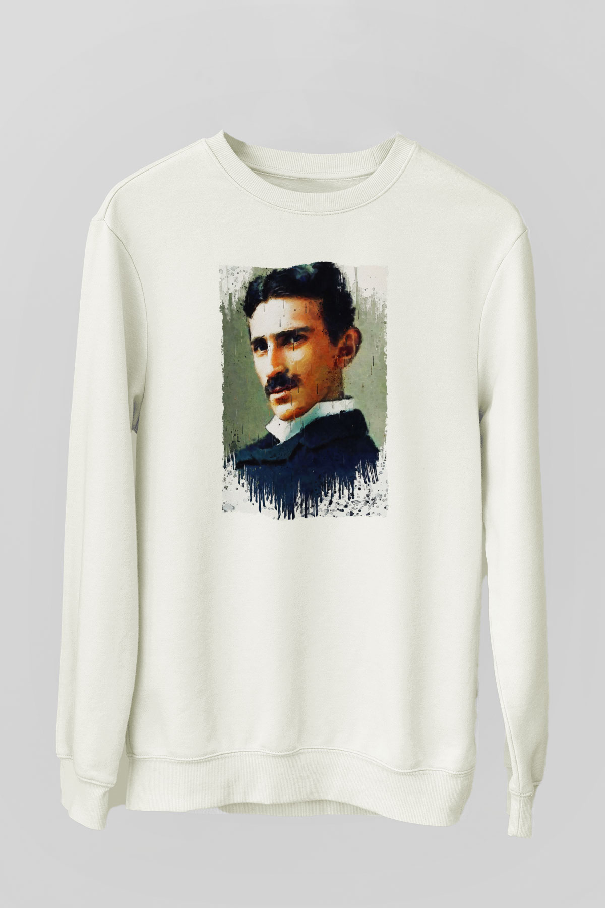 Nikola Tesla Renkli Portre Baskılı Unisex Ekru Sweatshirt