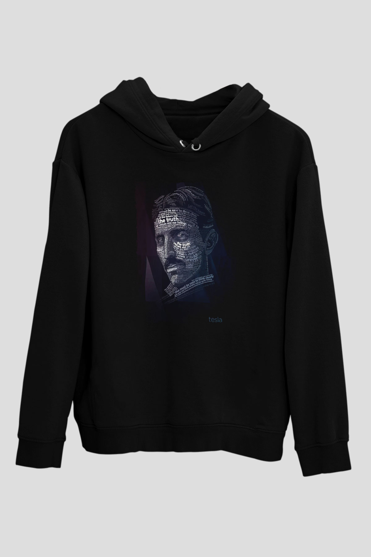 Nikola Tesla Tipografi Baskılı Unisex Siyah Kapüşonlu Sweatshirt
