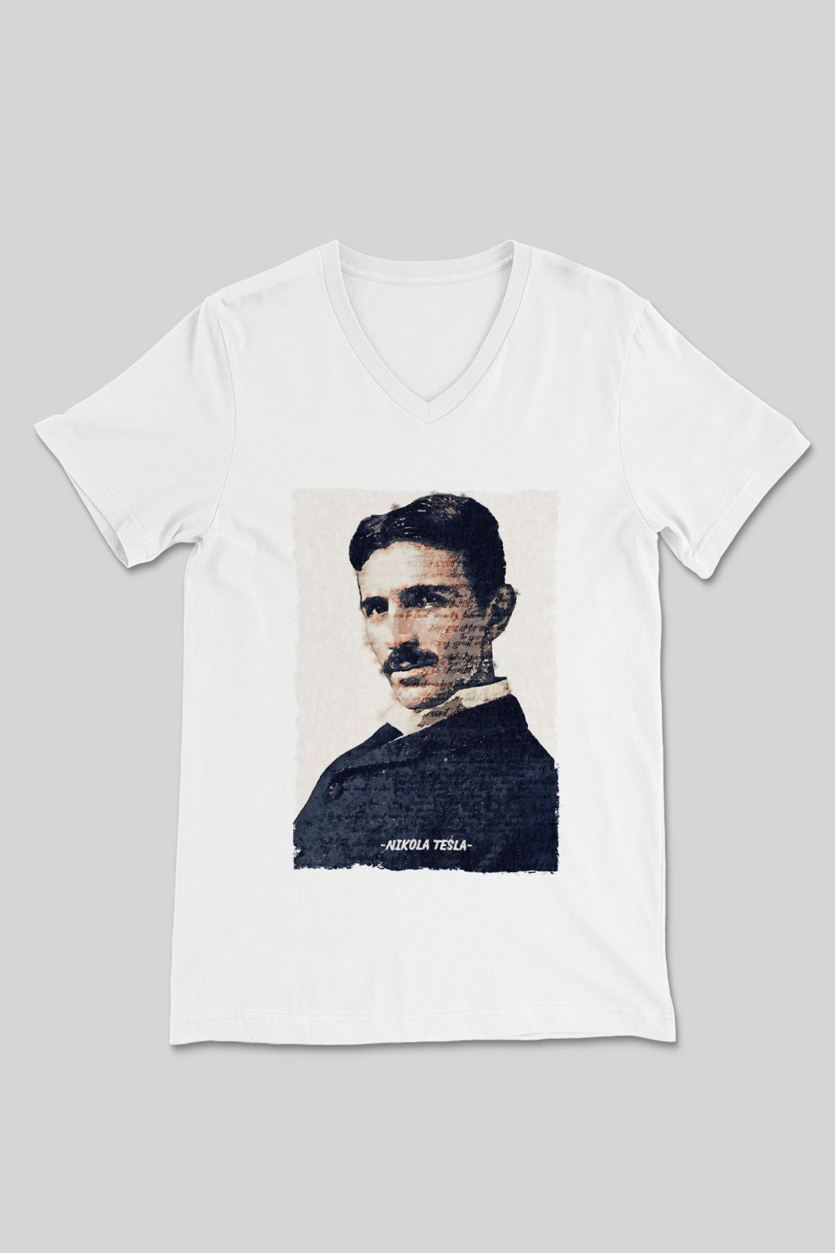 Nikola Tesla Yazılı Portre Baskılı Unisex V Yaka Beyaz Tişört - Tshirt