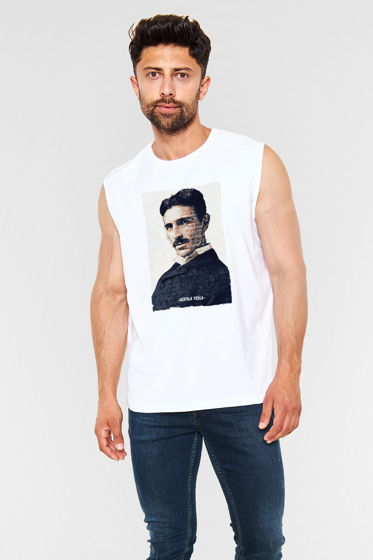 Nikola Tesla Yazılı Portre Baskılı Unisex Kolsuz Beyaz Tişört - Tshirt