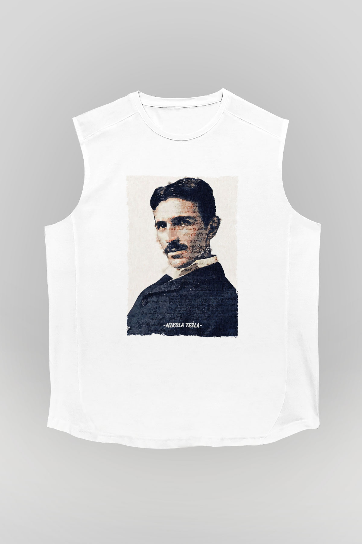 Nikola Tesla Yazılı Portre Baskılı Unisex Kolsuz Beyaz Tişört - Tshirt