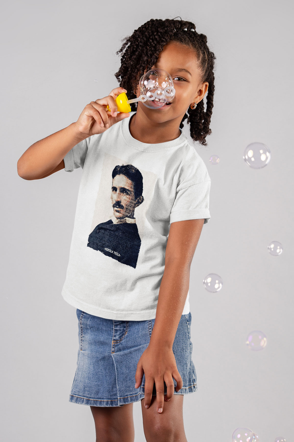 Nikola Tesla Yazılı Portre Baskılı Unisex Beyaz Çocuk Tişörtü - Tshirt