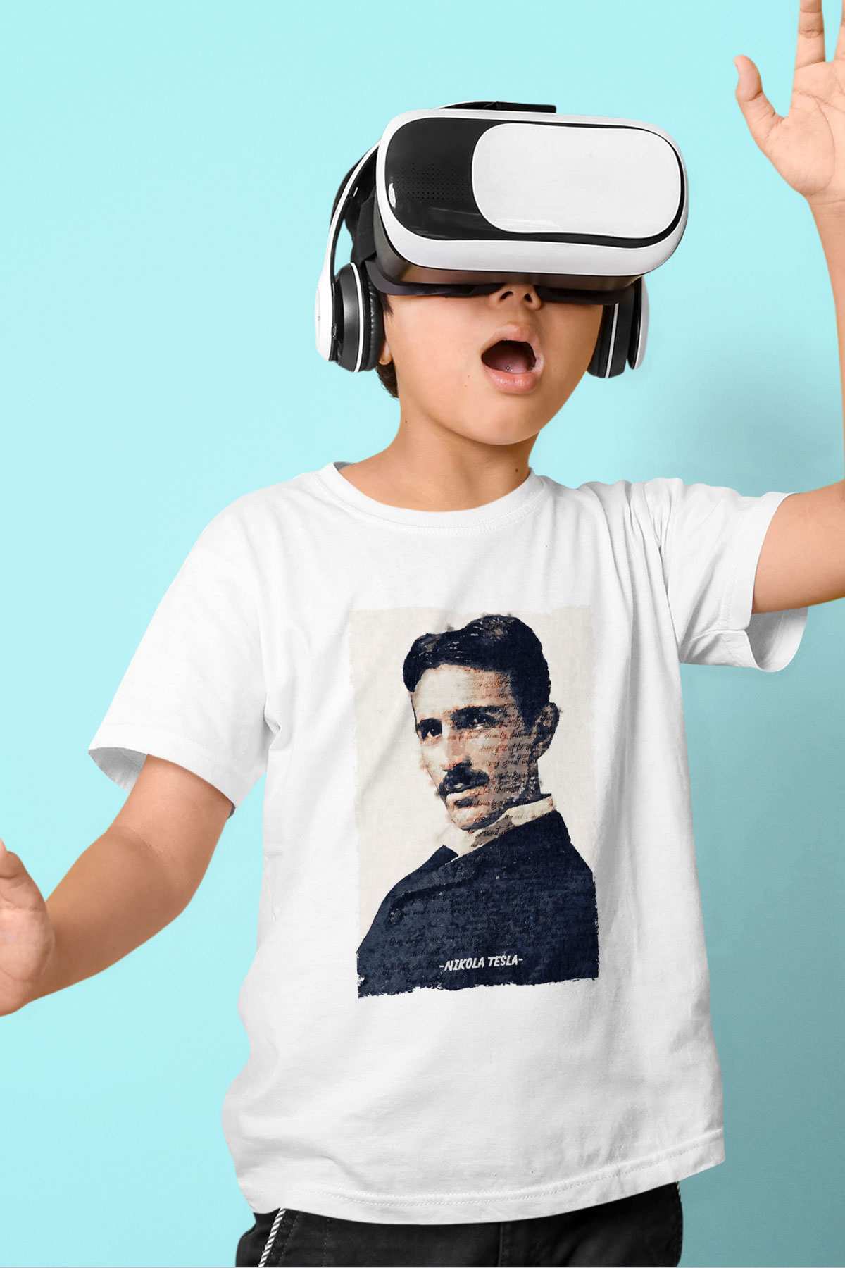 Nikola Tesla Yazılı Portre Baskılı Unisex Beyaz Çocuk Tişörtü - Tshirt
