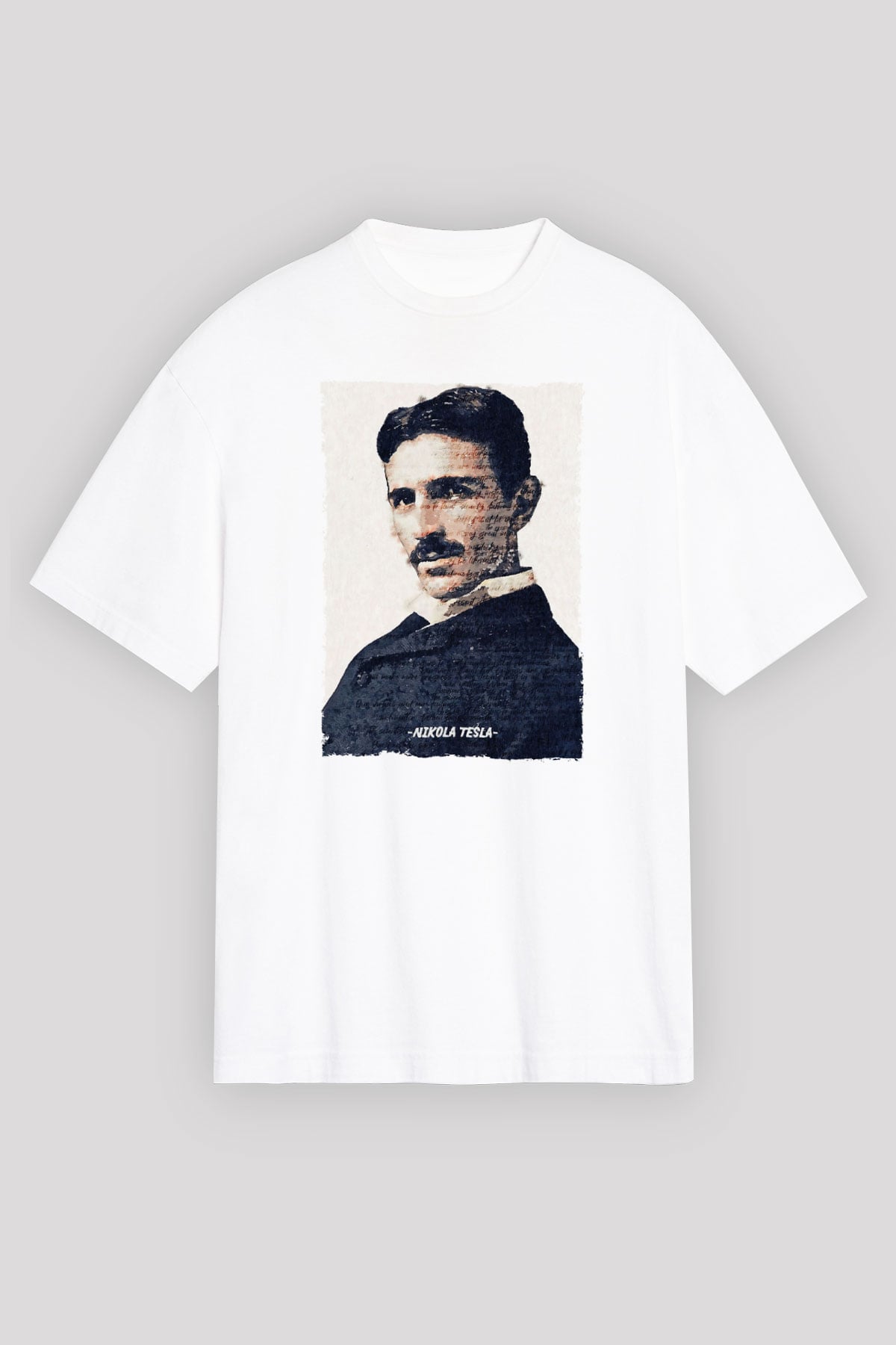 Nikola Tesla Yazılı Portre Baskılı Unisex Oversize Beyaz Tişört - Tshirt