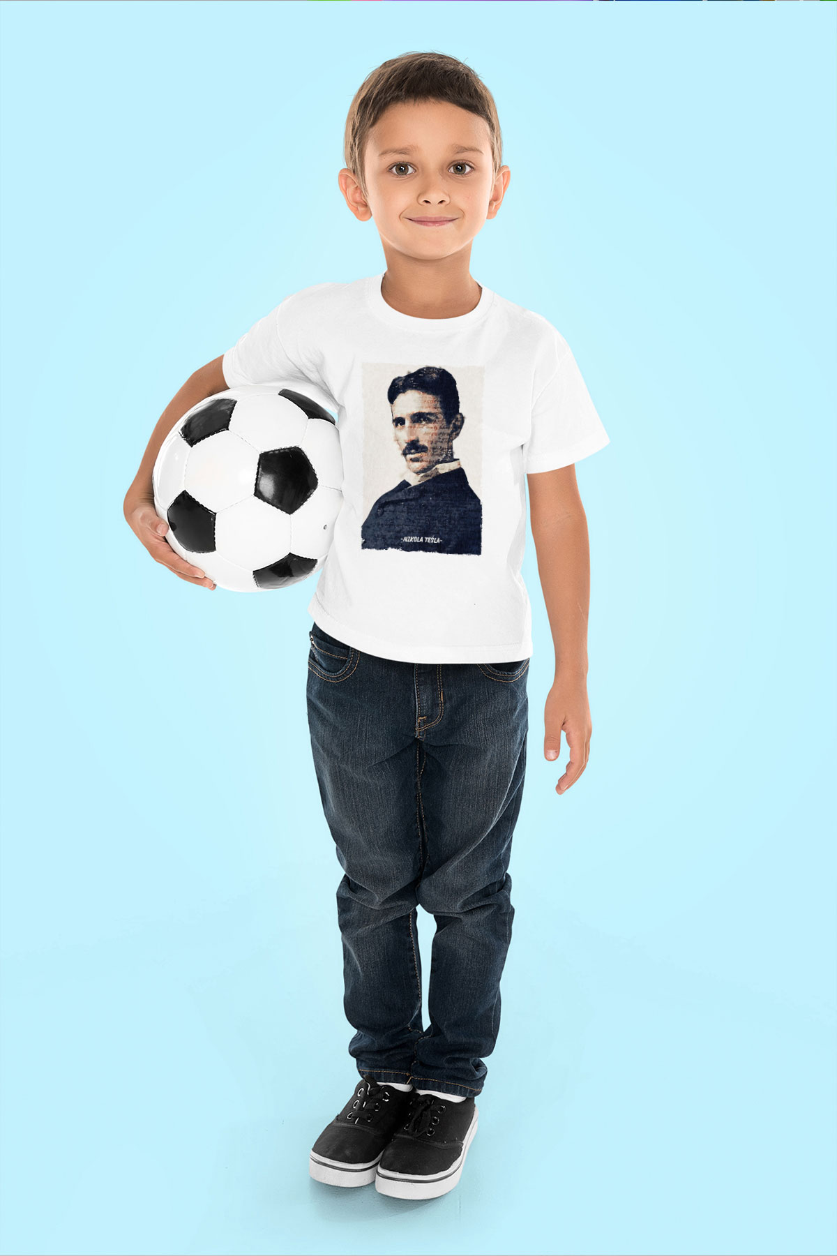 Nikola Tesla Yazılı Portre Baskılı Unisex Beyaz Çocuk Tişörtü - Tshirt