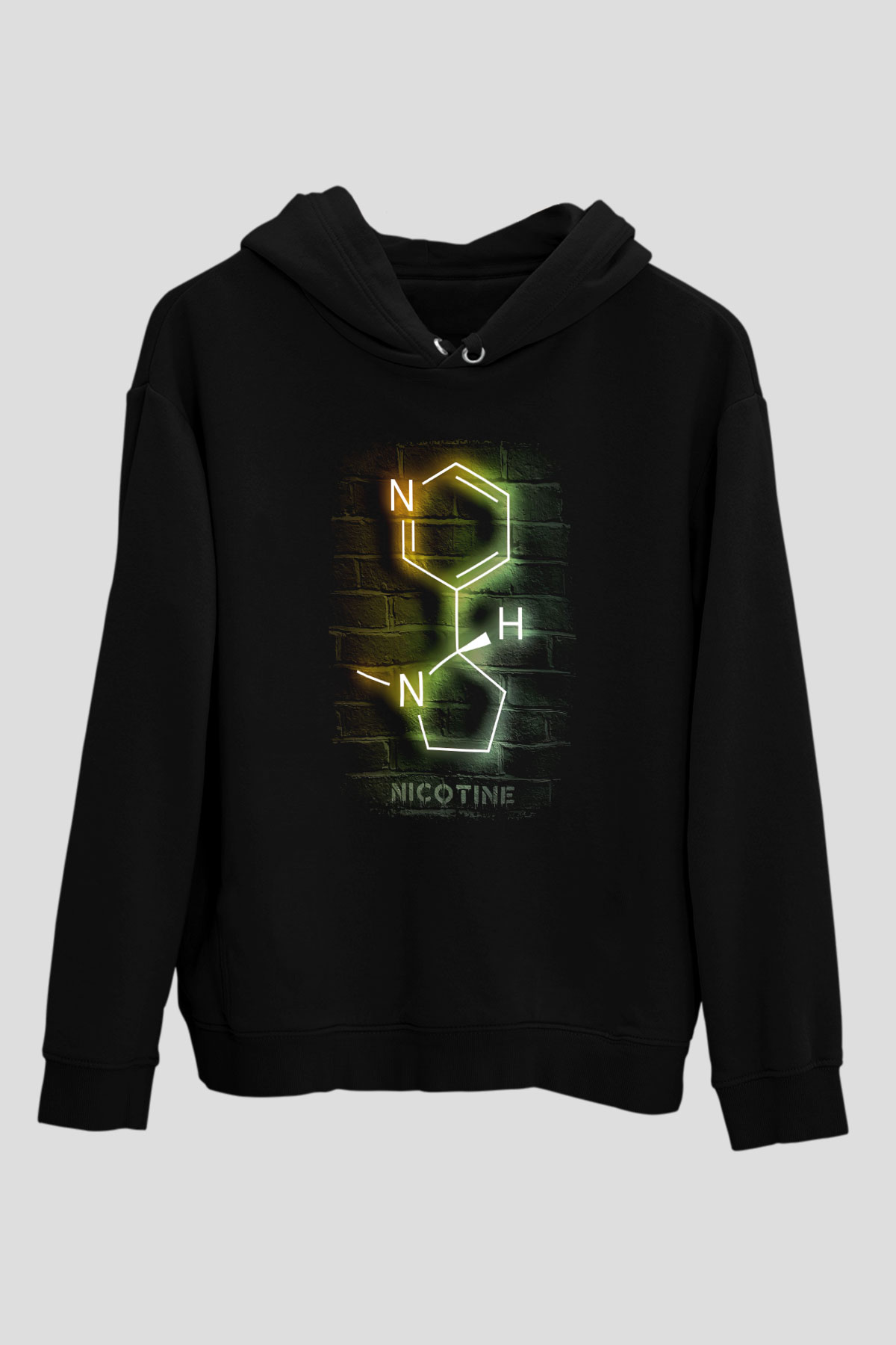 Nikotin Molekülü Baskılı Unisex Siyah Kapüşonlu Sweatshirt