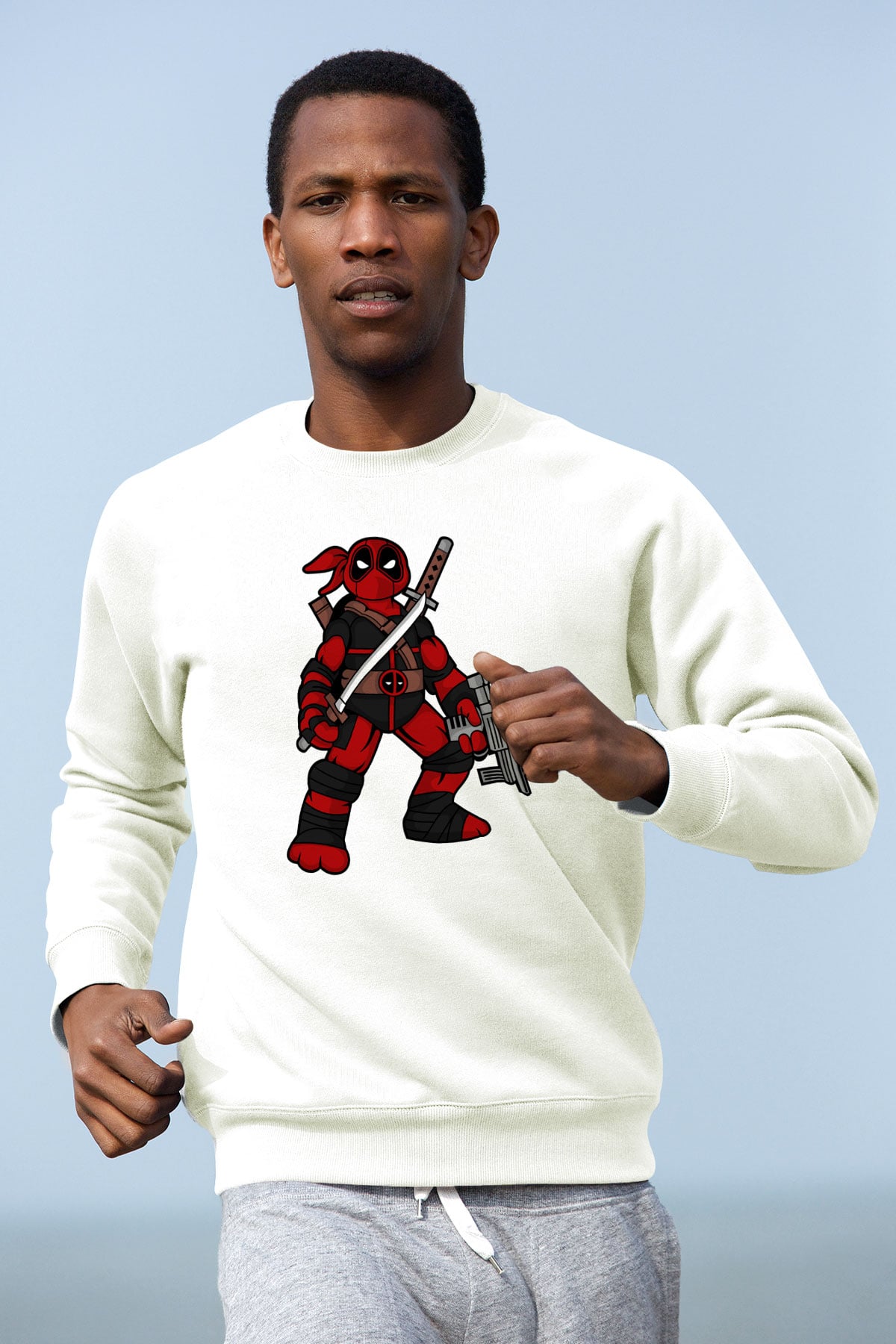 Ninja Deadpool Baskılı Beyaz Unisex Sweatshirt