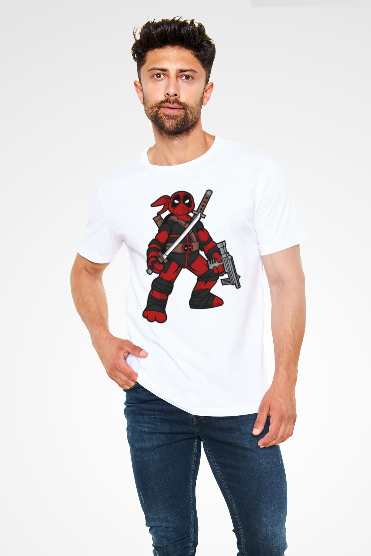 Ninja Deadpool Baskılı Beyaz Unisex Tişört