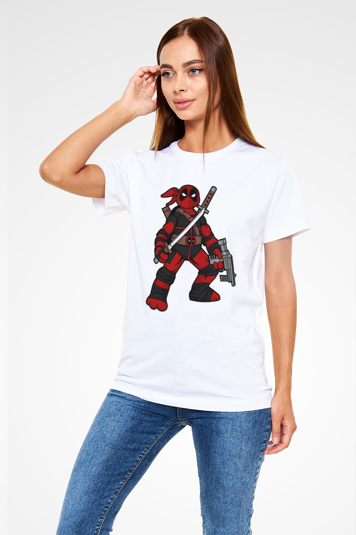 Ninja Deadpool Baskılı Beyaz Unisex Tişört