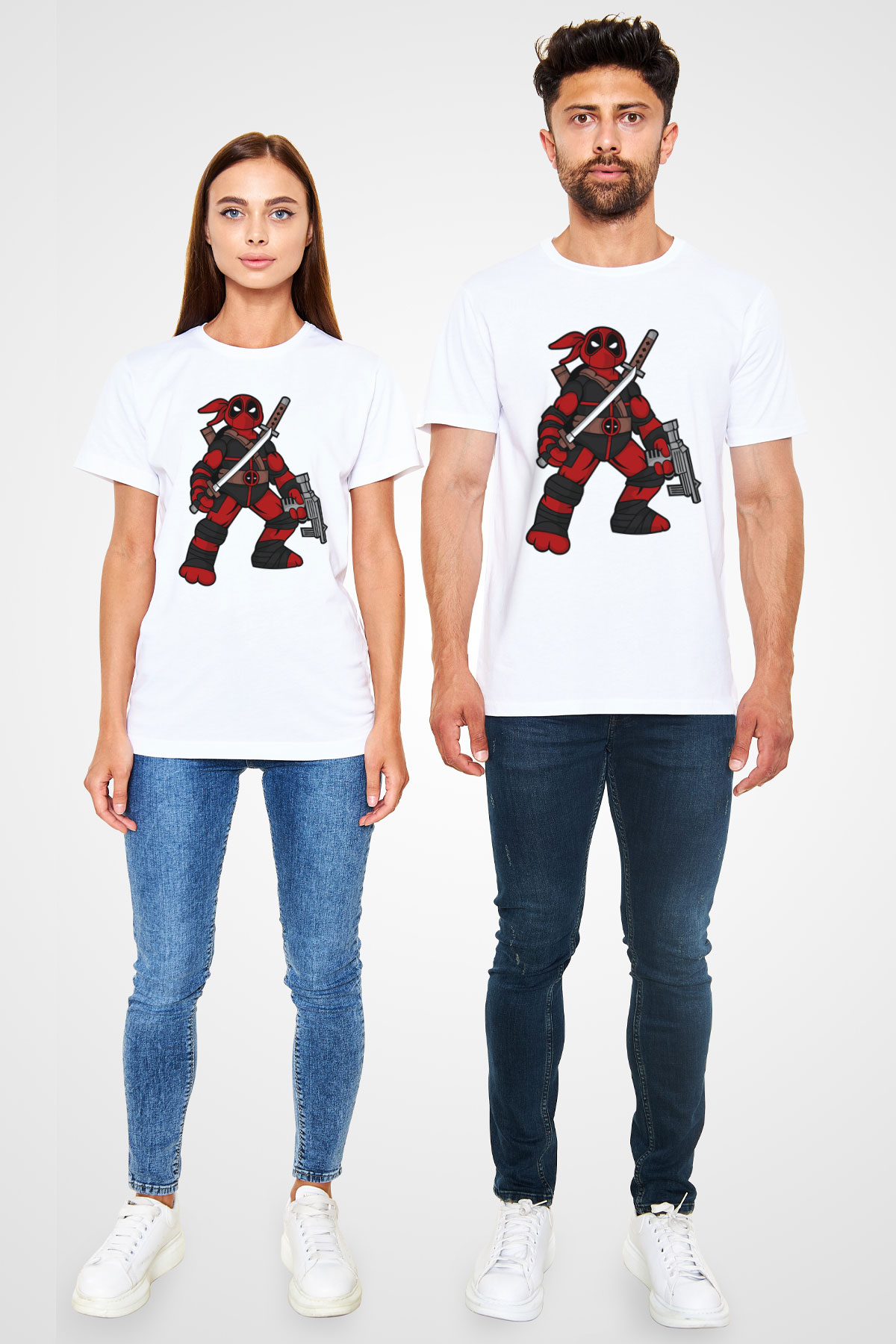 Ninja Deadpool Baskılı Beyaz Unisex Tişört