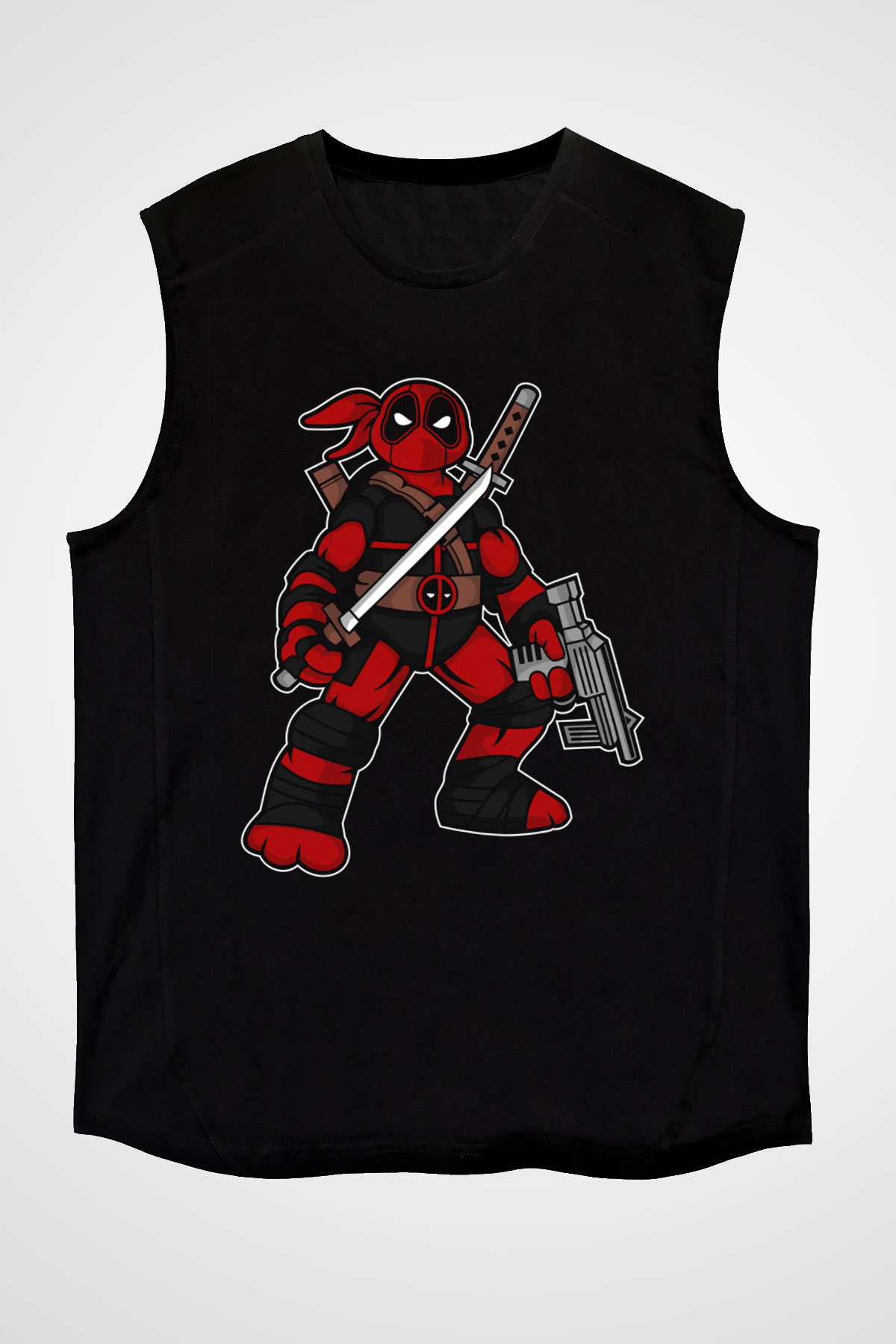 Ninja Deadpool Baskılı Siyah Unisex Kolsuz Tişört