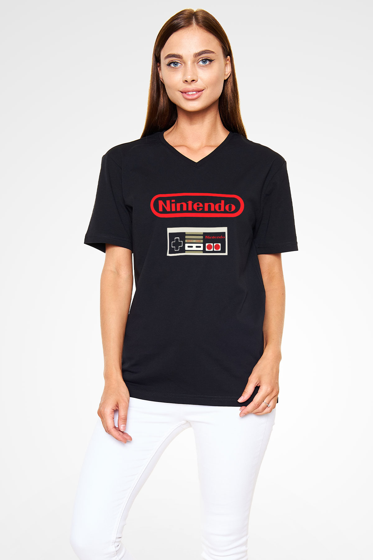 Nintendo Siyah Unisex V Yaka Tişört T-Shirt