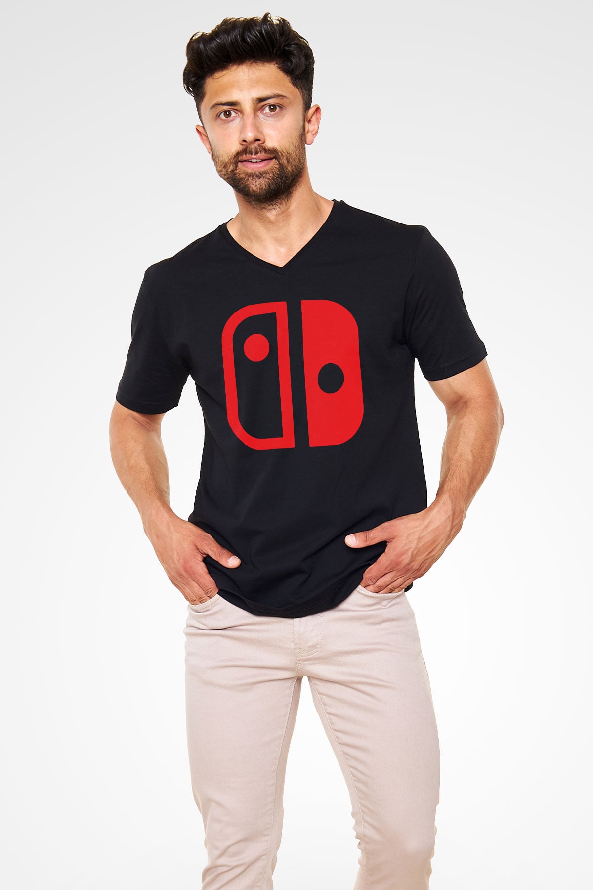 Nintendo Siyah Unisex V Yaka Tişört T-Shirt